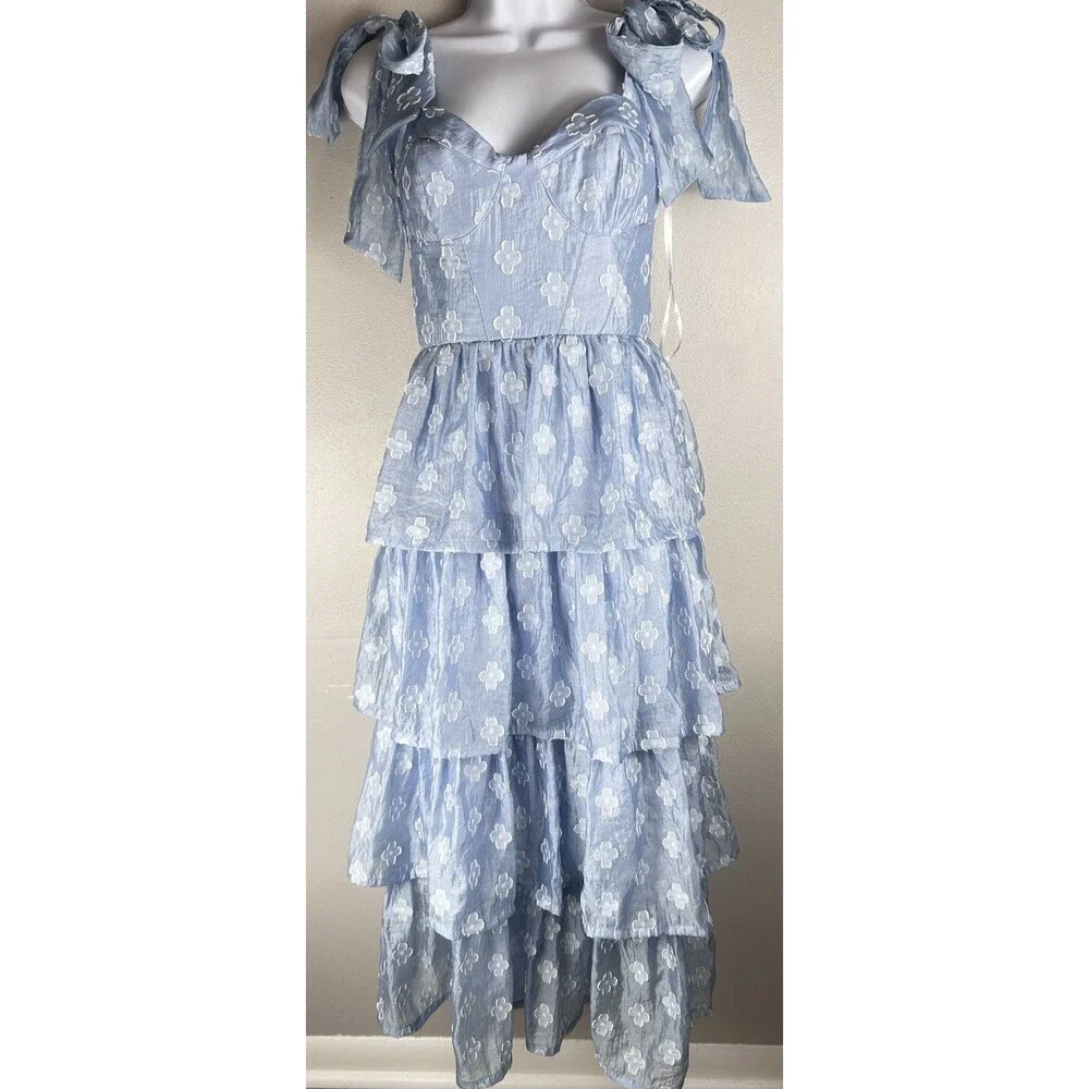 Lulus Gorgeous Excellence Light Blue Tiered Midi Floral Burnout Corset Size XS - Picture 3 of 11